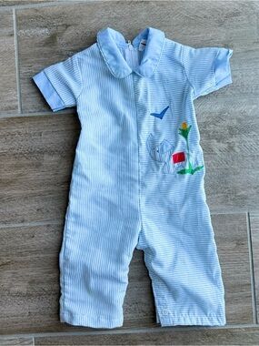 Vintage Blue Striped Baby One-Piece Romper with Embroidered Elephant